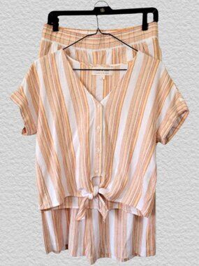 Cloth & Stone Linen Blend Two Piece Set — Striped Crop Top + Wide Leg Pants